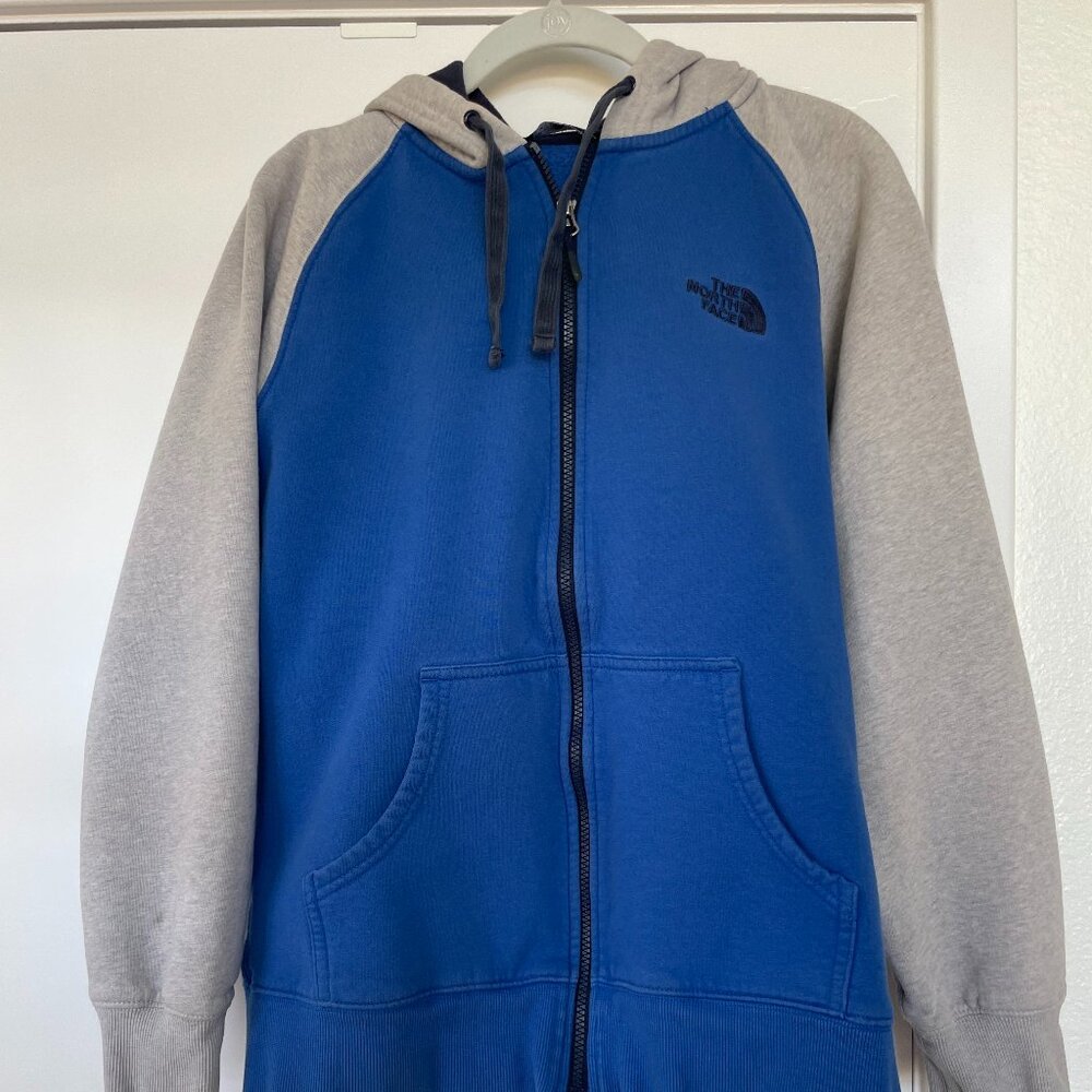 The North Face Hoodie Sweatshirt, Front Zipper, Blue with Gray Hood & Sleeves, M